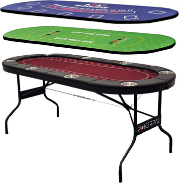8 Player Poker Table with 2 Interchangeable Game mats, Texas Holdem and Blackjack, Collapsible Casino Table with Padded Rails and XXL Cup Holders for Wine and Whiskey Glasses, (71 in) - Burgundy