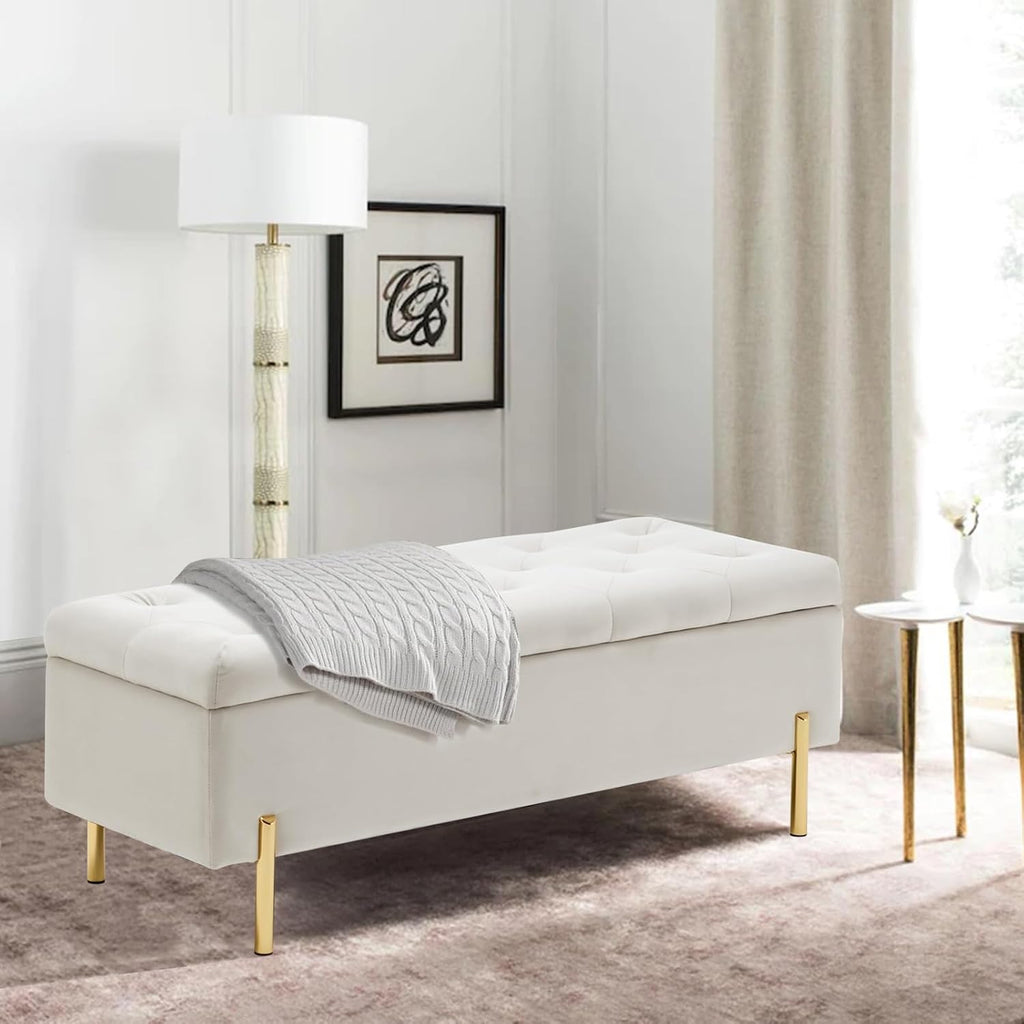 Velvet Storage Bench Ottoman,Versatile Seating with Hidden Storage,End of Bed Bench,Tufted Bench ,Ivory
