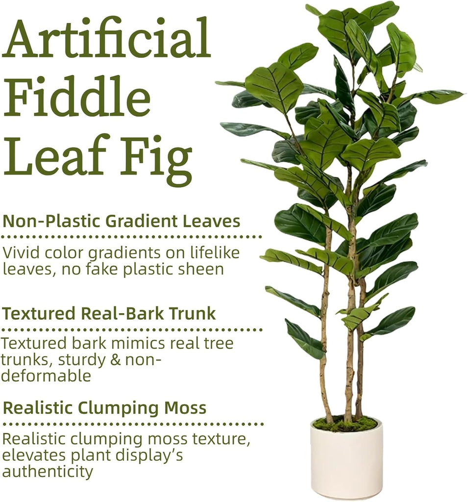 Artificial Fiddle Leaf Fig Tree 6FT with White Tall Planter-Large Faux Tree Tall Fake Floor Plant in Pot,Artificial