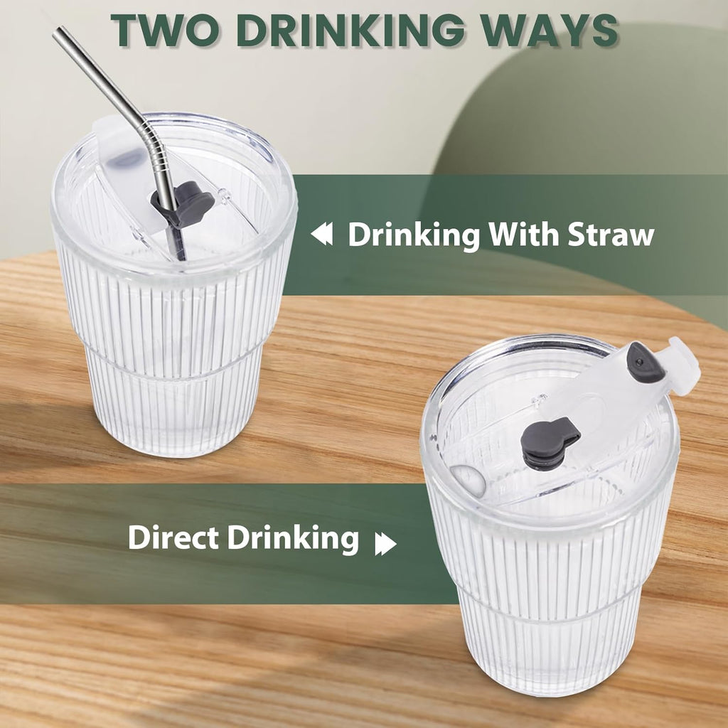 Iced Coffee Cups With Lids and Straws 2 Pcs, 16 OZ Unbreakable Cup Drinking Set,Clear Plastic Cups Reusable Iced