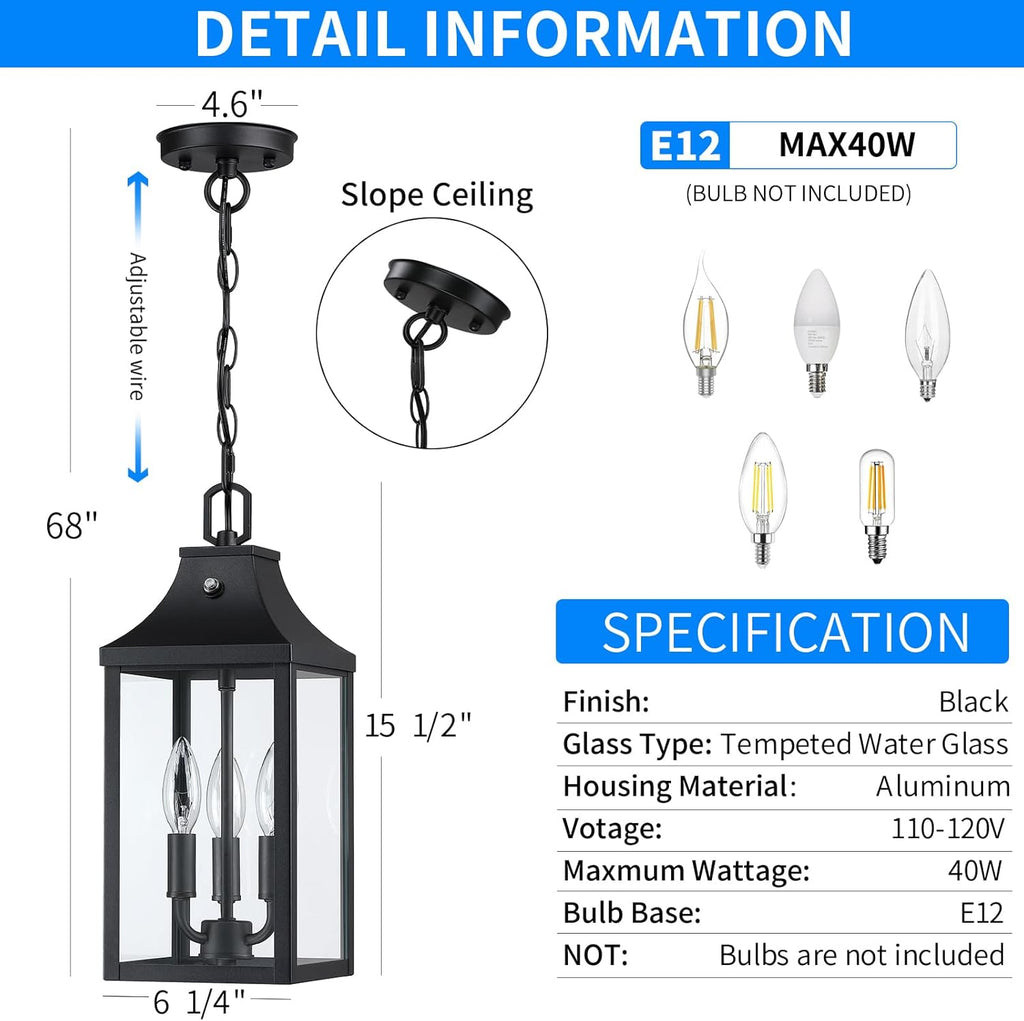 Large Outdoor Pendant Light Fixtures 3-Light, 15'' Dusk to Dawn Exterior Hanging Lantern Porch Light Adjustable