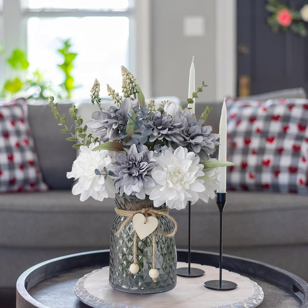 Fake Flowers in Vase,8 Dahlias,Silk Artificial Flowers in Vase,Centerpiece Table Decorations,Faux Flowers in Vase