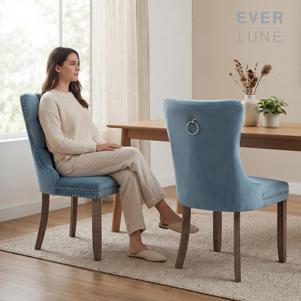 Light Blue Velvet Dining Chairs Set of 6 with Solid Wood Frame, Fabric Upholstered Kitchen & Dining Room Chair