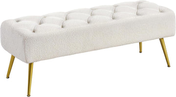 45in Boucle Ottoman Bench End of Bed, Ivory | Tufted Upholstered Bench Seat, Bed Bench with Tapered Gold Metal Legs