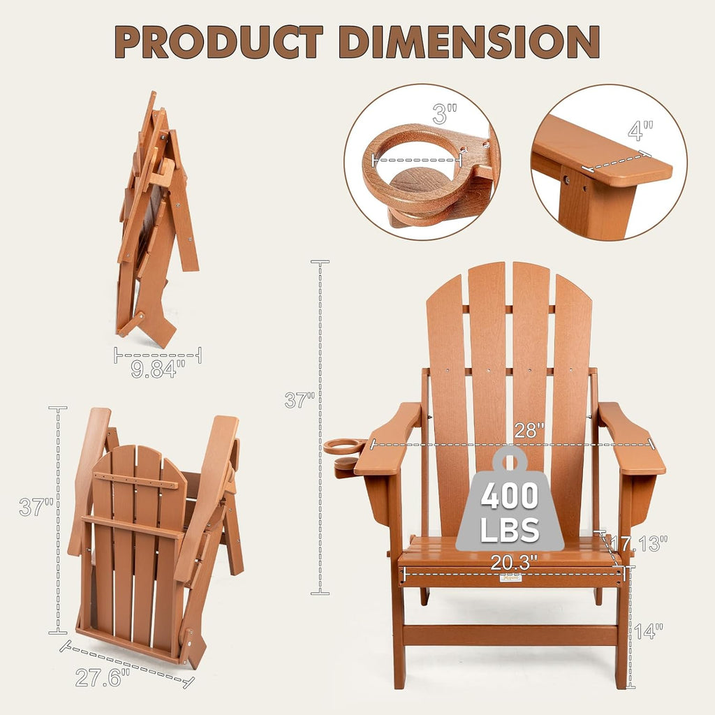 Folding HDPE Adirondack Chair 4-Pack, Gun-Leg Frame with Cupholder | All Weather Waterproof Heat Resistant, Wood