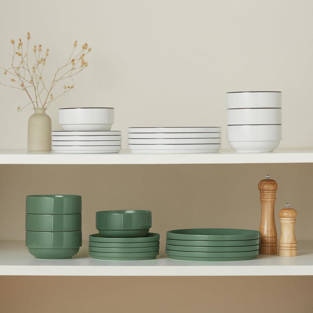 Ceramic Dinnerware Set, 12-Piece Service for 4, Round, Microwave and Dishwasher Safe, Cambridge Classics (Dusty Jade)
