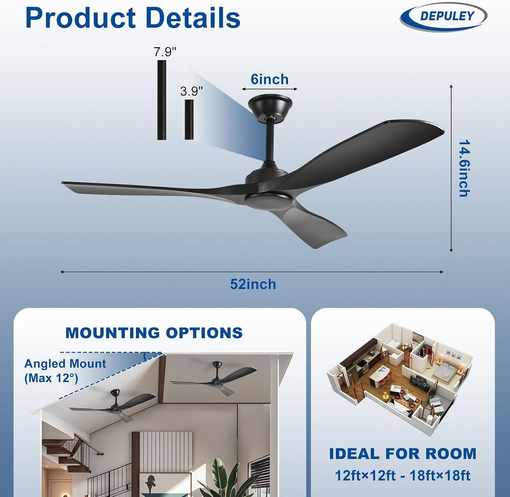 52 Inch 3 Blade Indoor Outdoor Fans for Patios - Black Ceiling Fan No Light Remote APP Control Ultra Quiet DC Motor Reversible 6 Speed Timer