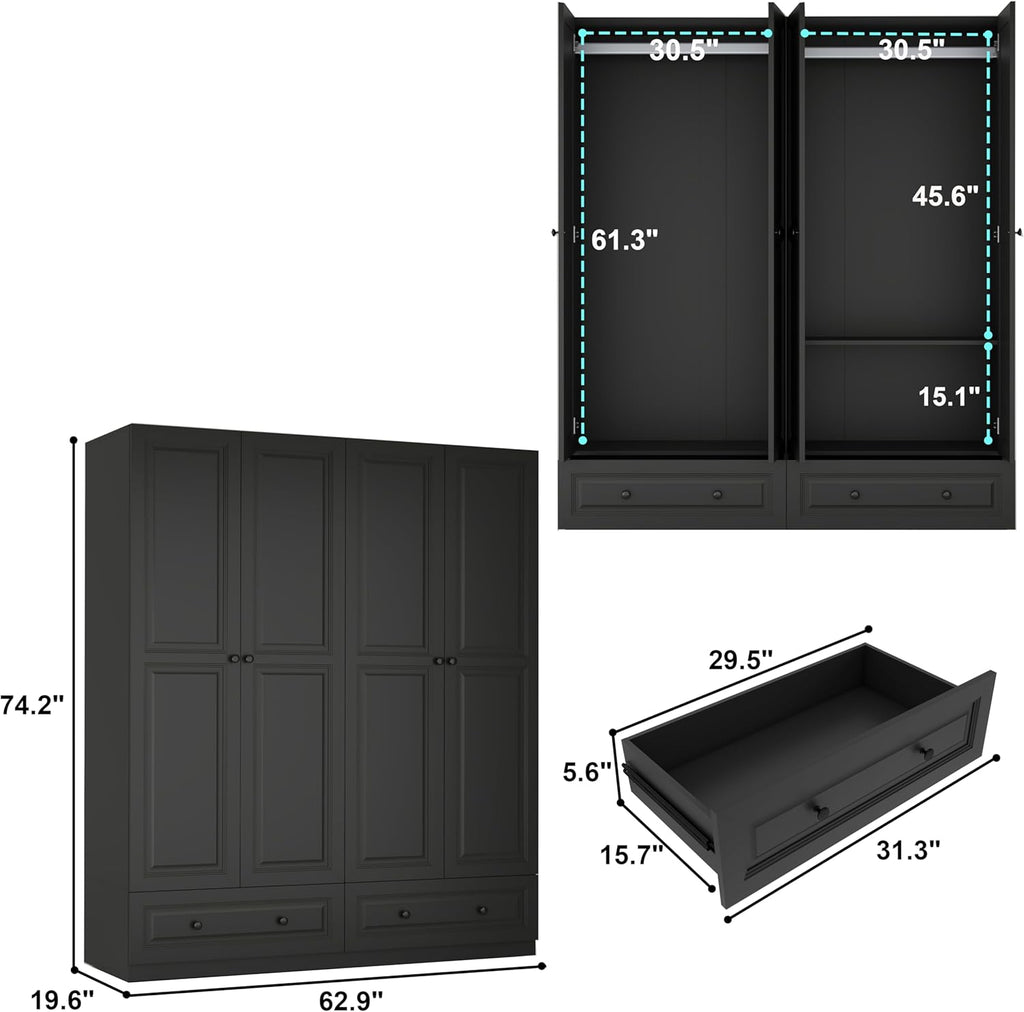 Armoire Wardrobe Closet with Drawers: 74" Black Wardrobe Closet with 4 Doors, Bedroom Armoires with 2 Drawers, Wood