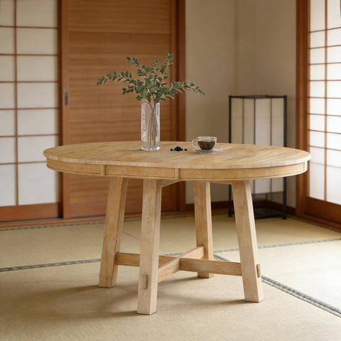 42"-58" Extendable Dining Table for 4-6, Solid Wood Oval Dining Kitchen Table with Removable Leaf, Farmhouse Circle