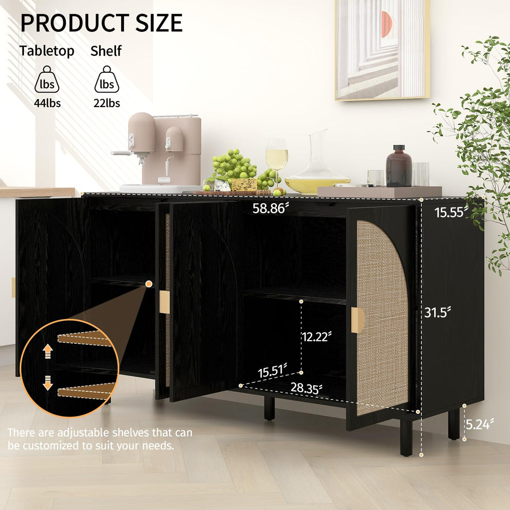 Sideboard Buffet Cabinet with Storage - Rattan 4 Door Cabinet, Accent Storage Cabinet with Cane Door, Boho Wood