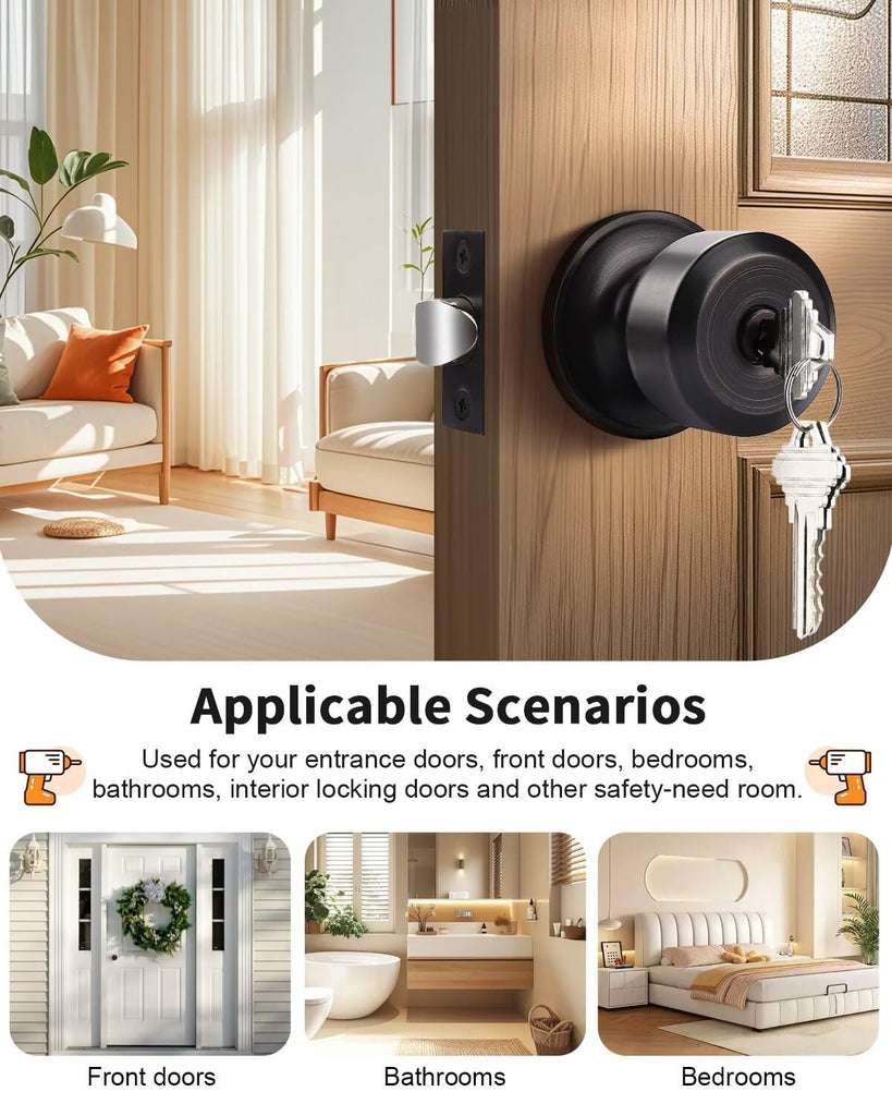 Keyed Alike Entry Door Knobs, Oil Rubbed Bronze Cylindrical Shape Interior Door Knobs with Lock and Keys, 3 Pack
