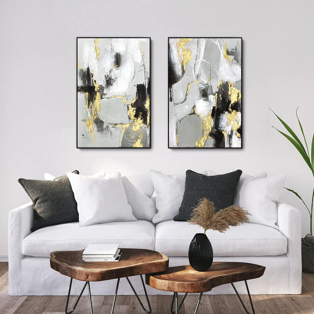 Black and Gold Abstract Wall -Art Decor- 2 Pack Black and White Canvas Wall Decor with Gold Foil
