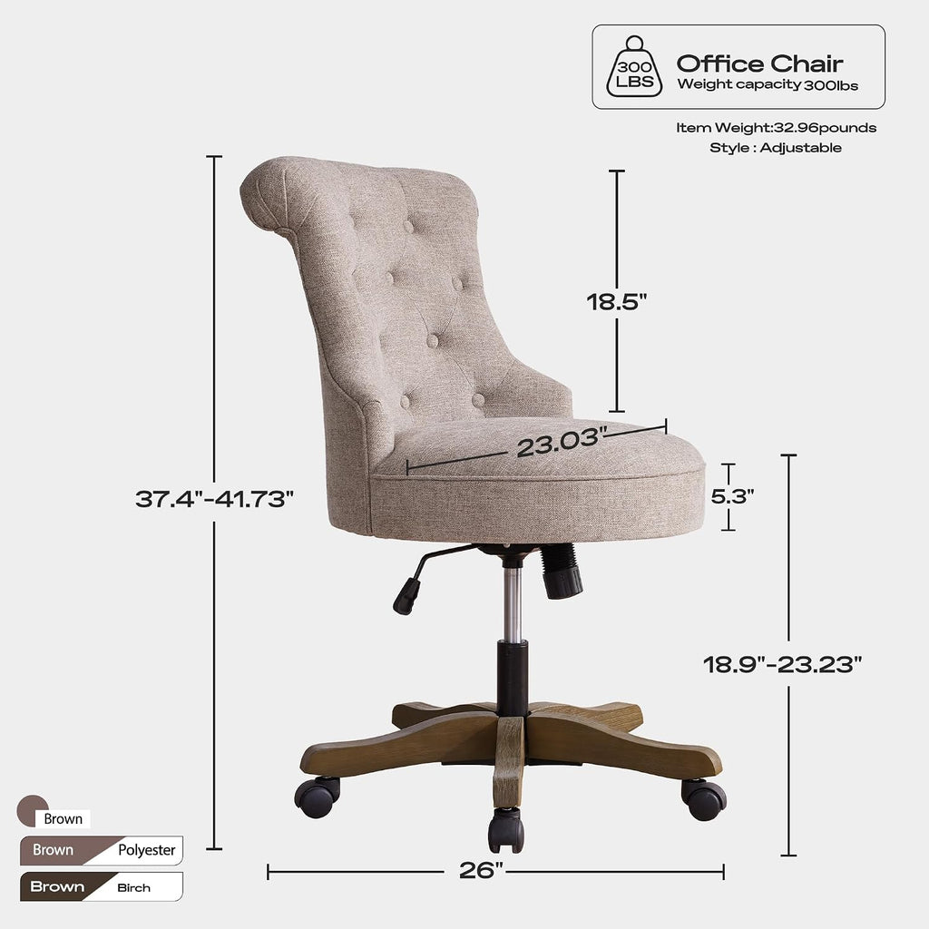 Home Upholstered Armless Linen Fabric Desk Chair with Wheels Adjustable Height Computer Desk Chair with Wooden Legs