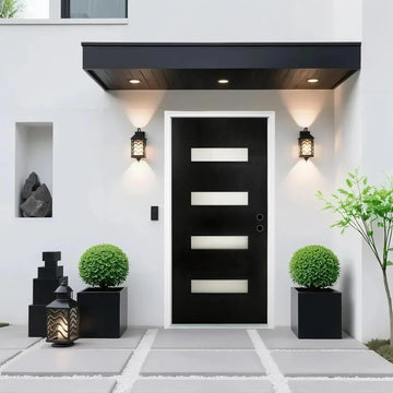 Fiberglass Entry Door Left Hand Inswing, 36 x 80, 4 Lite Frosted Glass 4-9/16 in. Vinyl Frame, Contemporary Style for