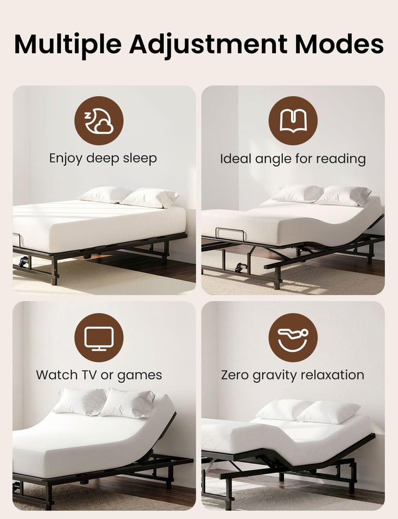 Queen Size Adjustable Bed Frame with Wireless Remote, Zero Gravity & Head & Foot Incline, Heavy-Duty Steel Frame