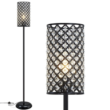 Crystal Floor Lamp, Modern Standing Lamp with Elegant Shade Black Floor Lamp with On/Off Foot Switch,Tall Pole Accent