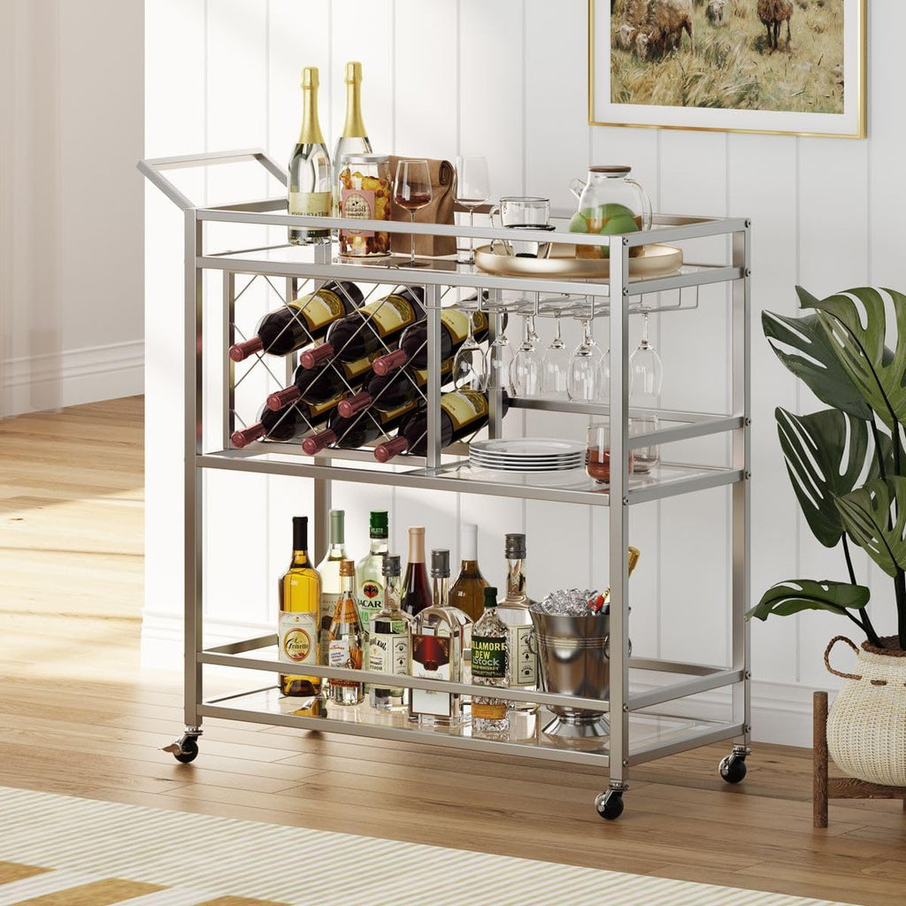 Bar Cart Silver, Bar Carts for The Home, Home Bar Serving Carts for Liquor, Rolling Wine Cart with 3 Tier Mirrored