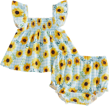 Baby Girl Watermelon Outfit Floral Ruffle Sleeve Top and Bloomer Shorts Set Infant Sunflower Outfit Plaid Clothes