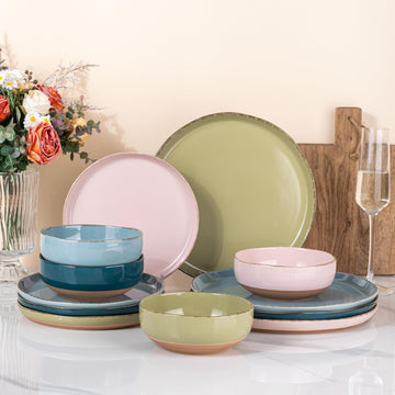 Ceramic Dinnerware Sets for 4, 12 Pieces Handpainted Plates and Bowls Set with Rustic Terracotta Underside