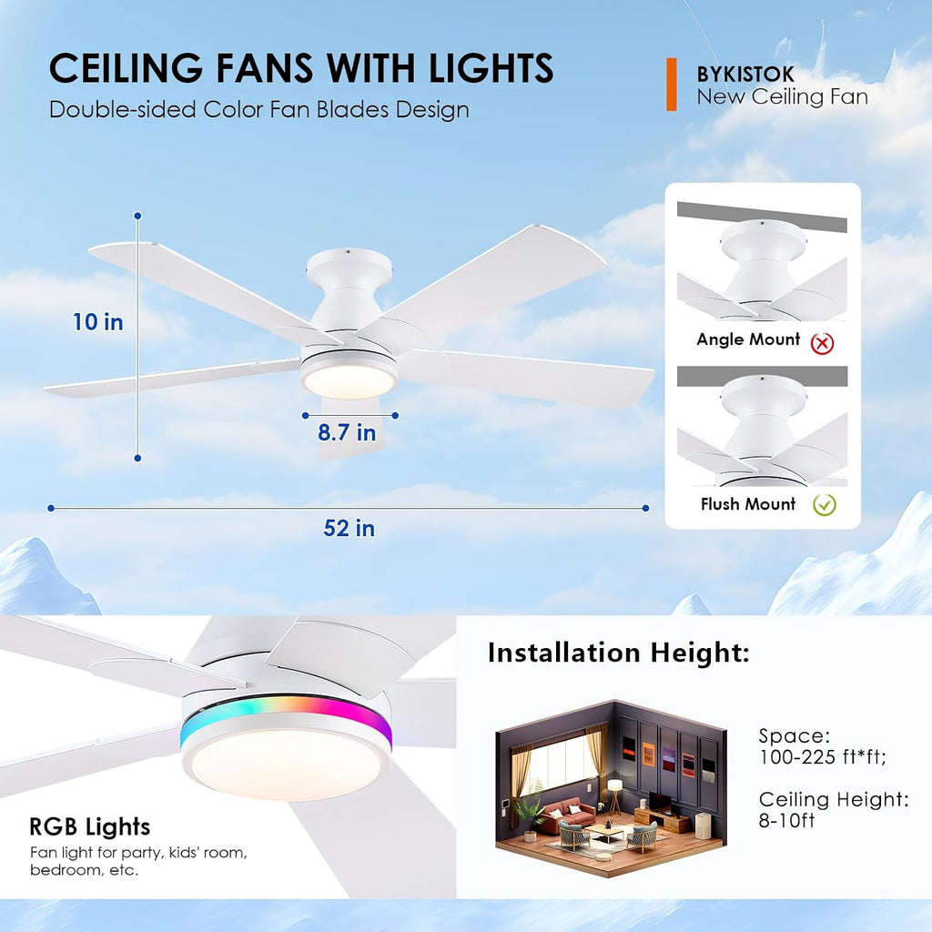 52" Flush Mount RGB Ceiling Fans with Lights - White Low Profile Ceiling Fan Light with Remote/APP, RGB+3CCT 6 Wind Speeds and Reversible, Modern Fan Light Fixture for Party, Kiad's Room
