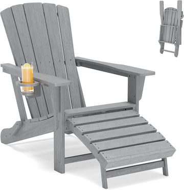 Folding Adirondack Chair with Retractable Ottoman,HDPE Outdoor Adirondack Chair with Cup Holder,All-Weather Lounge