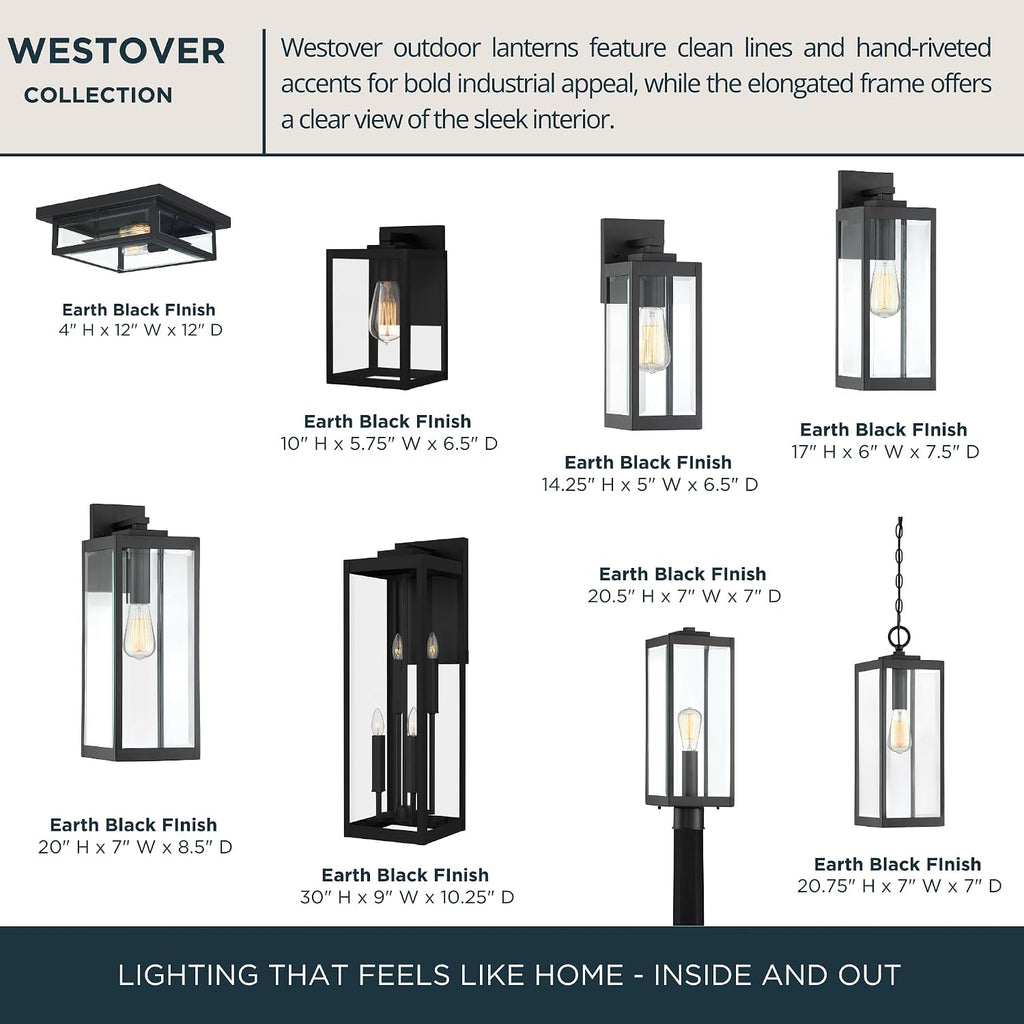 Westover 12" Outdoor Flush Mount Ceiling Light, 2-Light Earth Black with Clear Beveled Glass, E12 Base, ETL Damp Rated