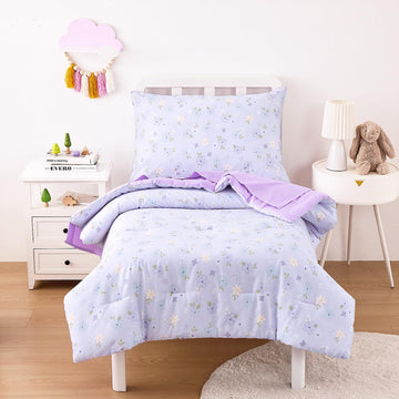 Toddler Bedding Set for Girls, 100% Cotton Fabric, Cute Floral Flower Coquette Aesthetic, 4 Pieces Soft Crib Bed Set