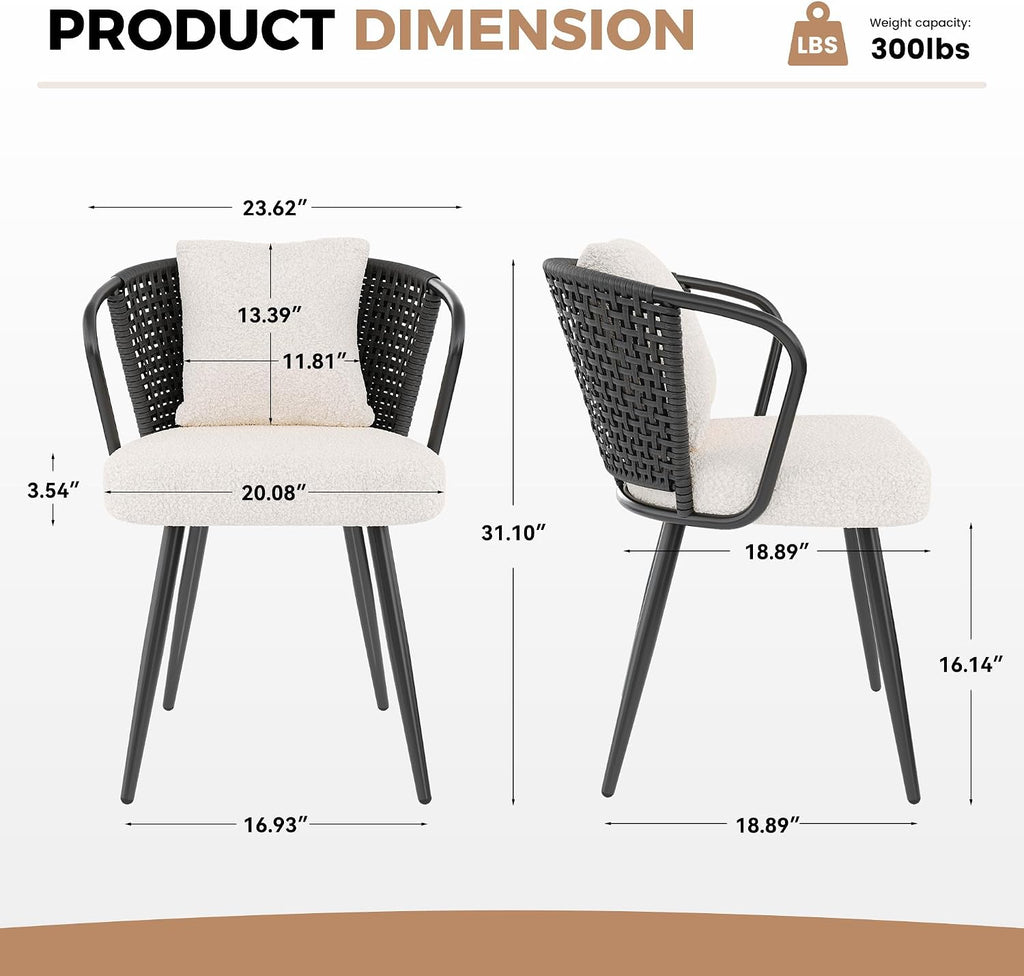 Modern Rattan Dining Chairs Set of 6, Upholstered Kitchen Chair with Metal Legs, Ergonomic Curved Backrest, Mid