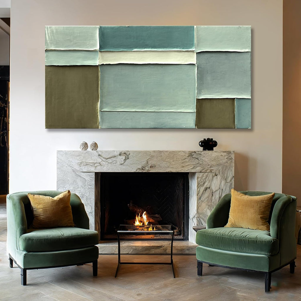 Modern Abstract Green Canvas Wall Art Soft Neutral Color Hand Painting Block Design Minimalist Artwork Bedroom Office