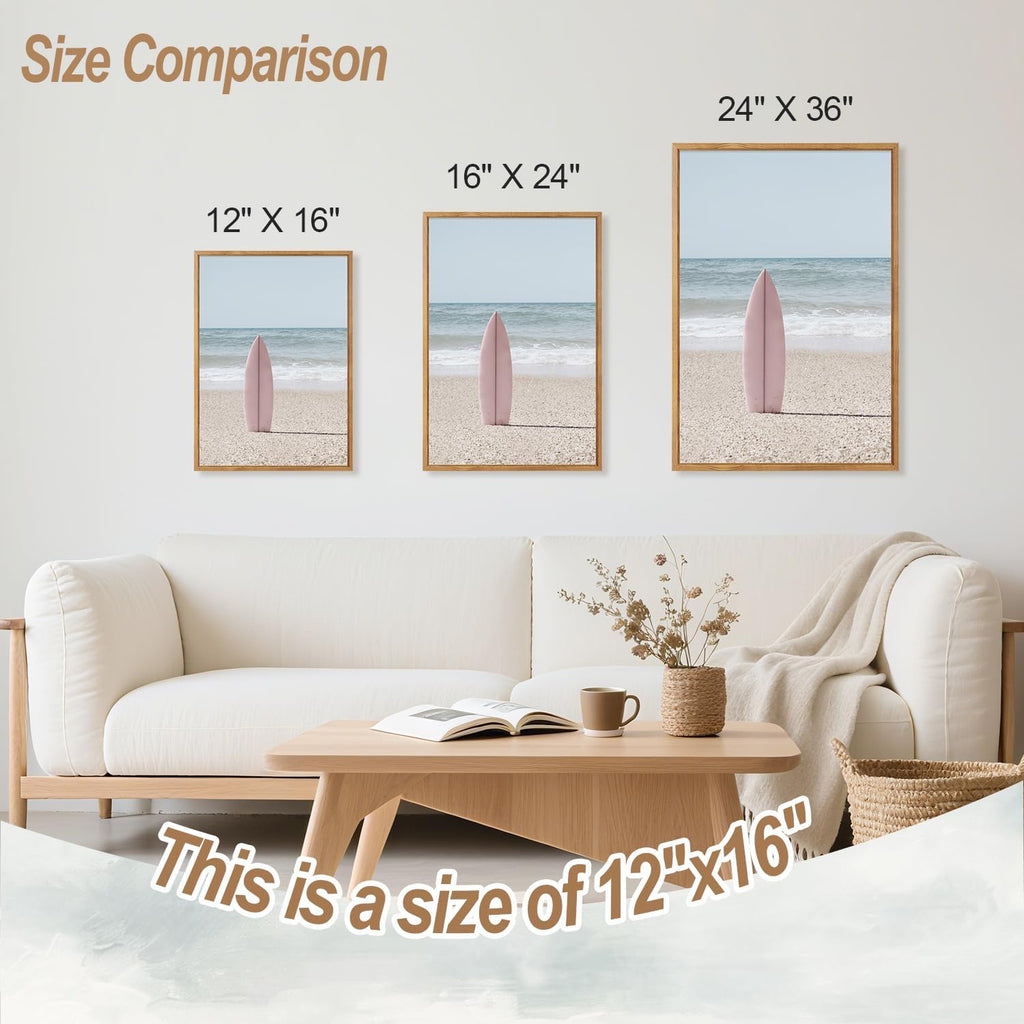 Beach Framed Canvas Wall Art Set Of 3, Coastal Wall Decor, Ocean Wave Wall Painting, Palm Tree Seaside Artwork