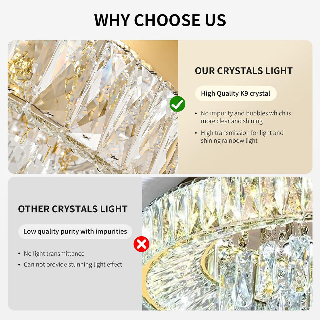 Modern LED Gold Crystal Chandelier: Flush Mount Crystals Ceiling Light With Remote - 24" Round Crystal Chandeliers