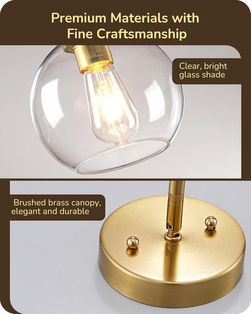 Pendant Light Fixtures 2 Pack with Clear Glass Globe Shade, Gold Kitchen Hanging Lighting Over Island, Hardwired