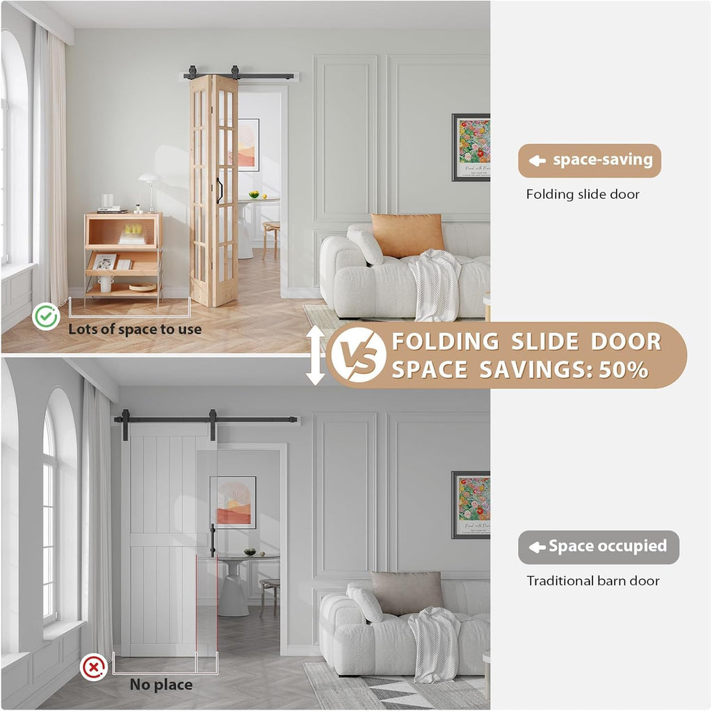 36 x 84 in (Double 18x84 inch) Bifold French Glass Door,Sliding Folding Barn Doors with 3.3FT Hardware Track kit