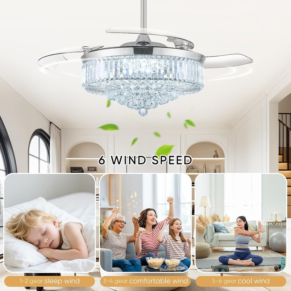 52 Inch Fandelier Ceiling Fan with Light, Retractable Chandelier Fan LED Dimmable Crystal Ceiling Fan Living Room