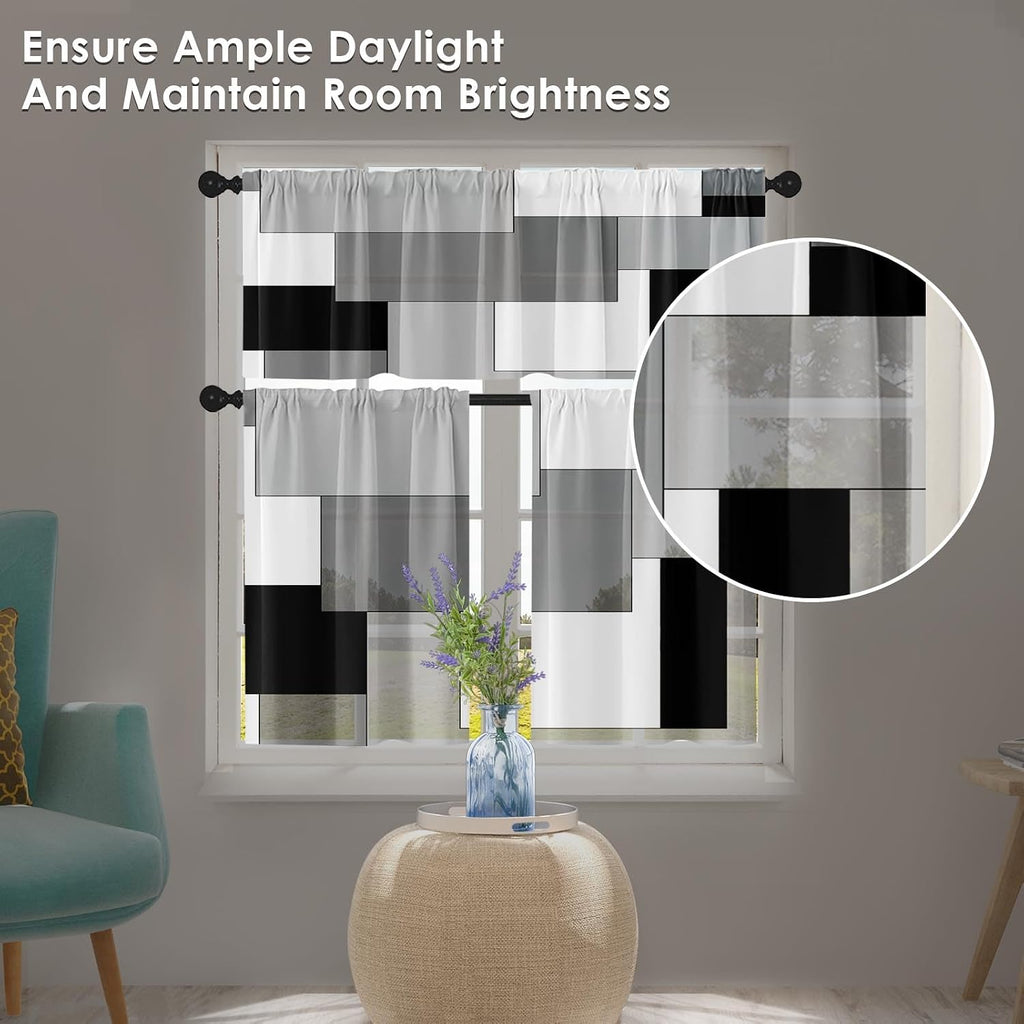 Black White Gray Kitchen Window Curtains Valance and Tier Set, Dark Grey Modern Geometric Rod Pocket Short