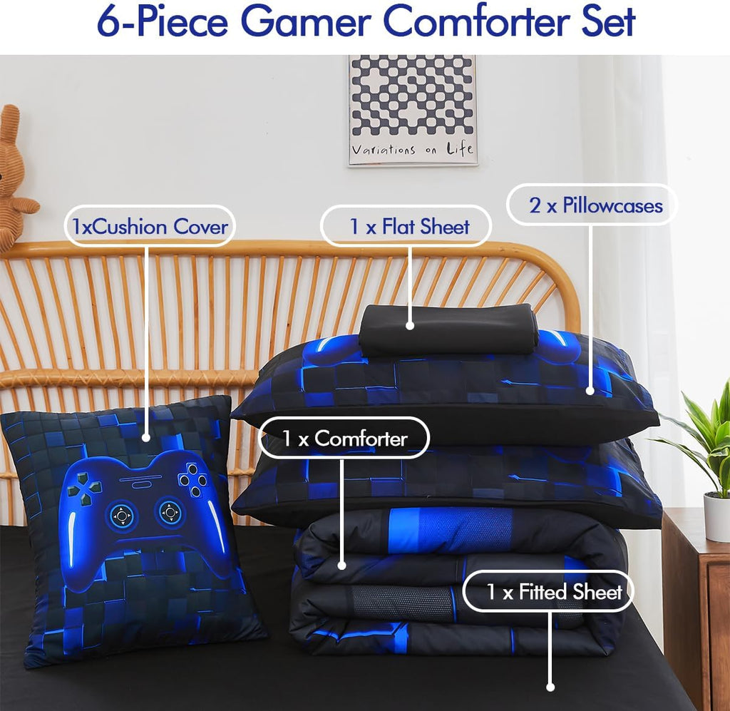 Bed in A Bag 6 Pieces Gaming Bedding Set for Boys Blue Gamer Comforter with Sheet Set for Kids Teen Cool Video