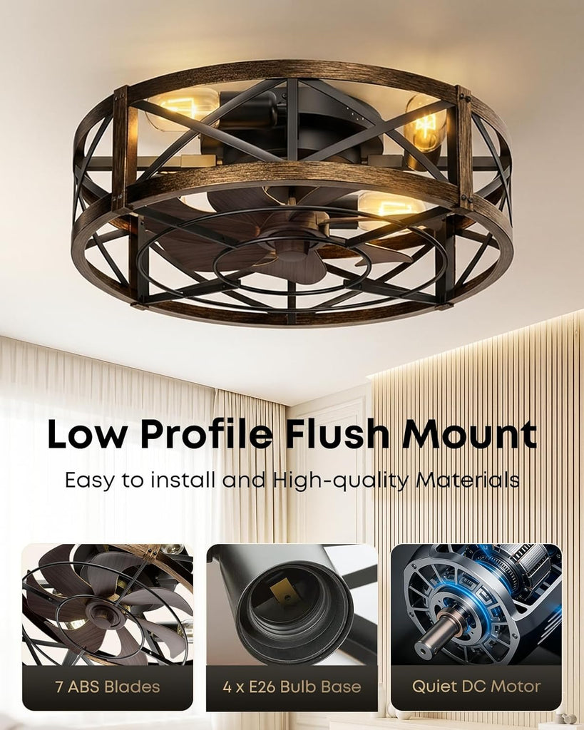 Caged Ceiling Fan with Light and Remote, 20" Low Profile Flush Mount Ceiling Fans with Light, 6 Speed, Timing