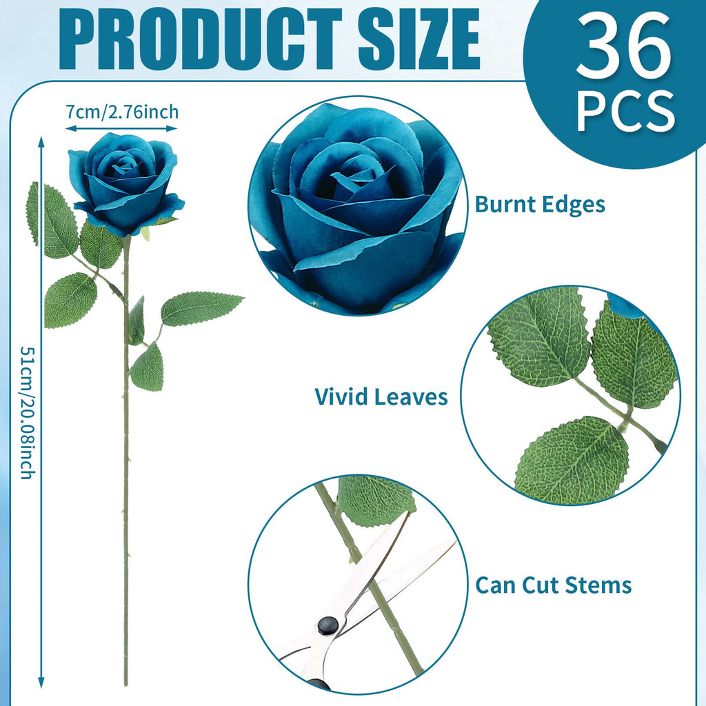 36 Pcs Teal Artificial Roses with Long Stems