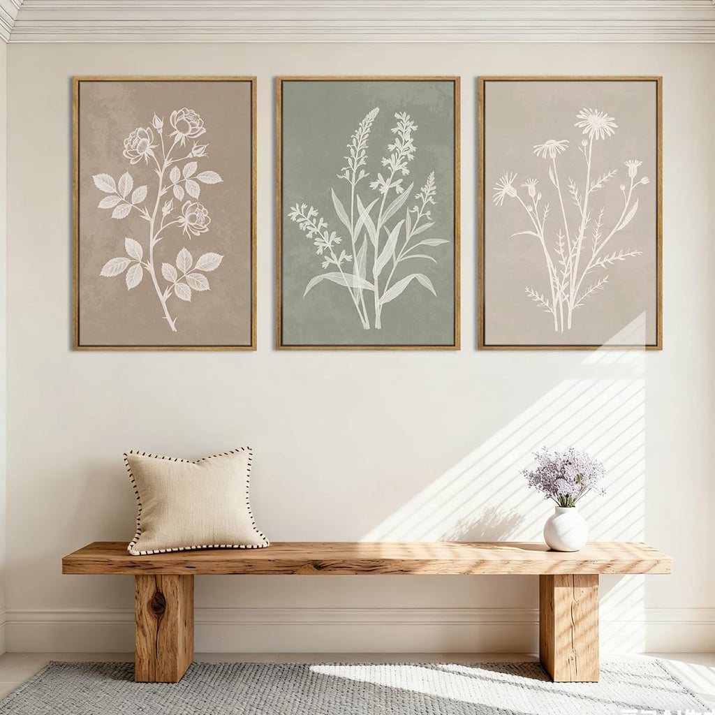 Extra Large Boho Botanical Framed Wall Art Farmhouse Floral Canvas Wall Decor Neutral Minimalist Plant