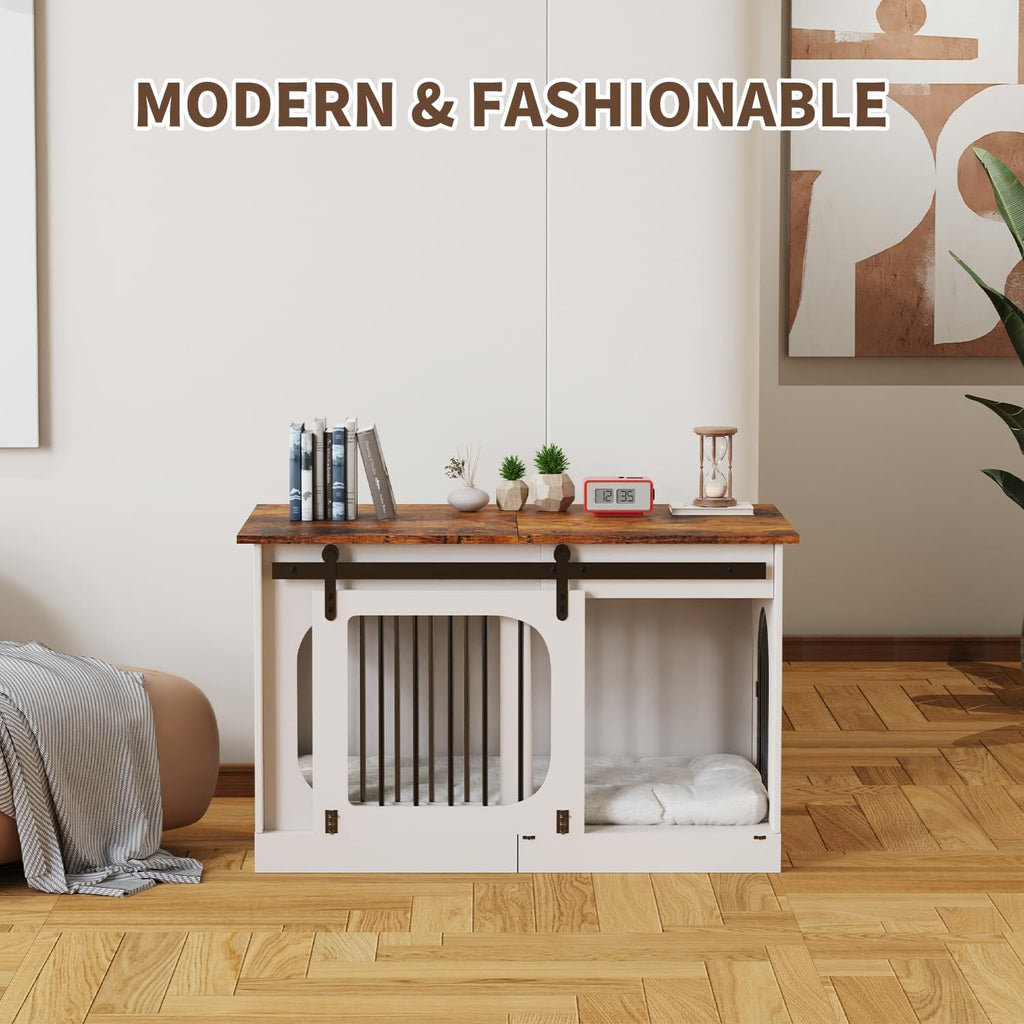 XL Dog Kennel Furniture,39.4 Inch Farmhouse Crate Furniture with Cushion Decorative White Dog Kennel Indoor Thick