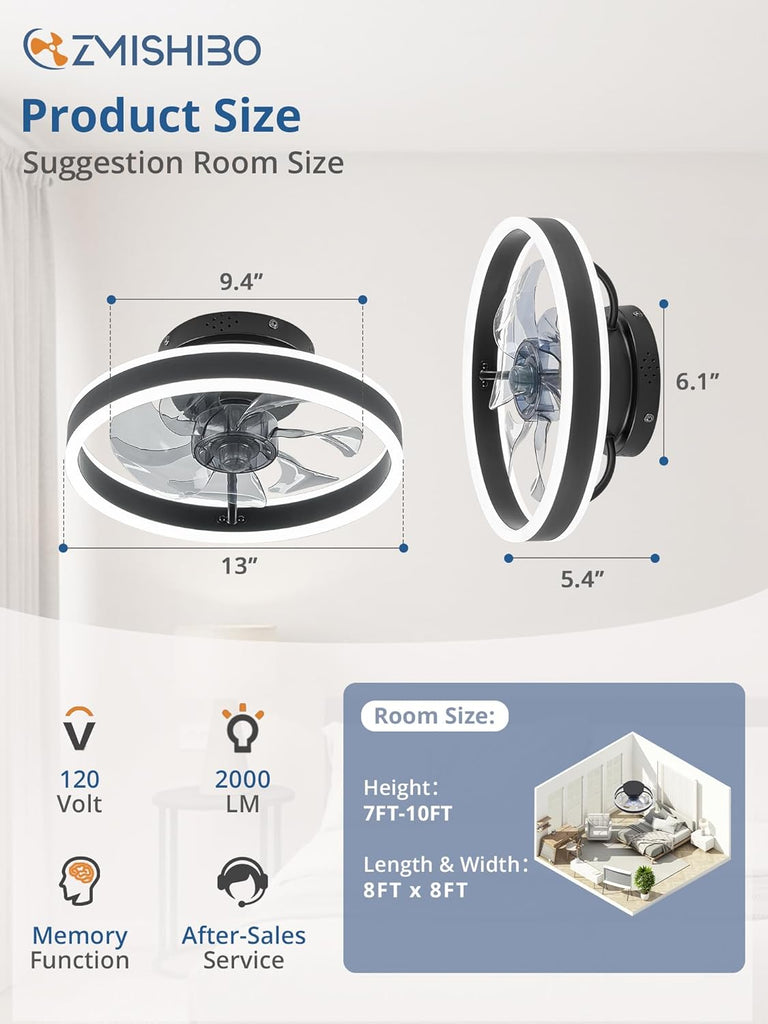 Low Profile Ceiling Fans with Lights and Remote, 13 Inch Fandelier Ceiling Fan with Light, Black Modern Flush Mount Ceiling Fan, Small Dimmable LED Fan Lights for Bedroom