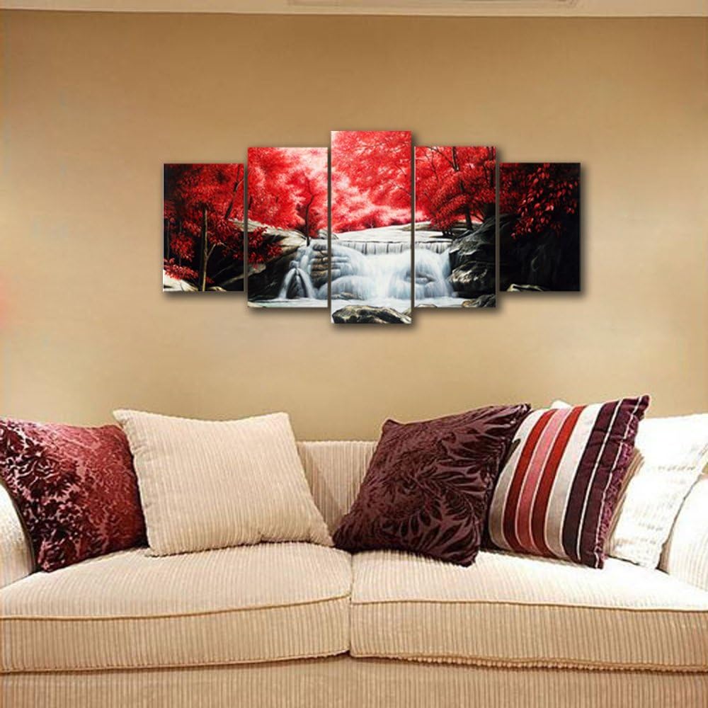Red Forest Waterfalls 5 Piece Canvas Prints Wall Art for Living Bedroom Room Home Decorations Modern Gallery Wrapped