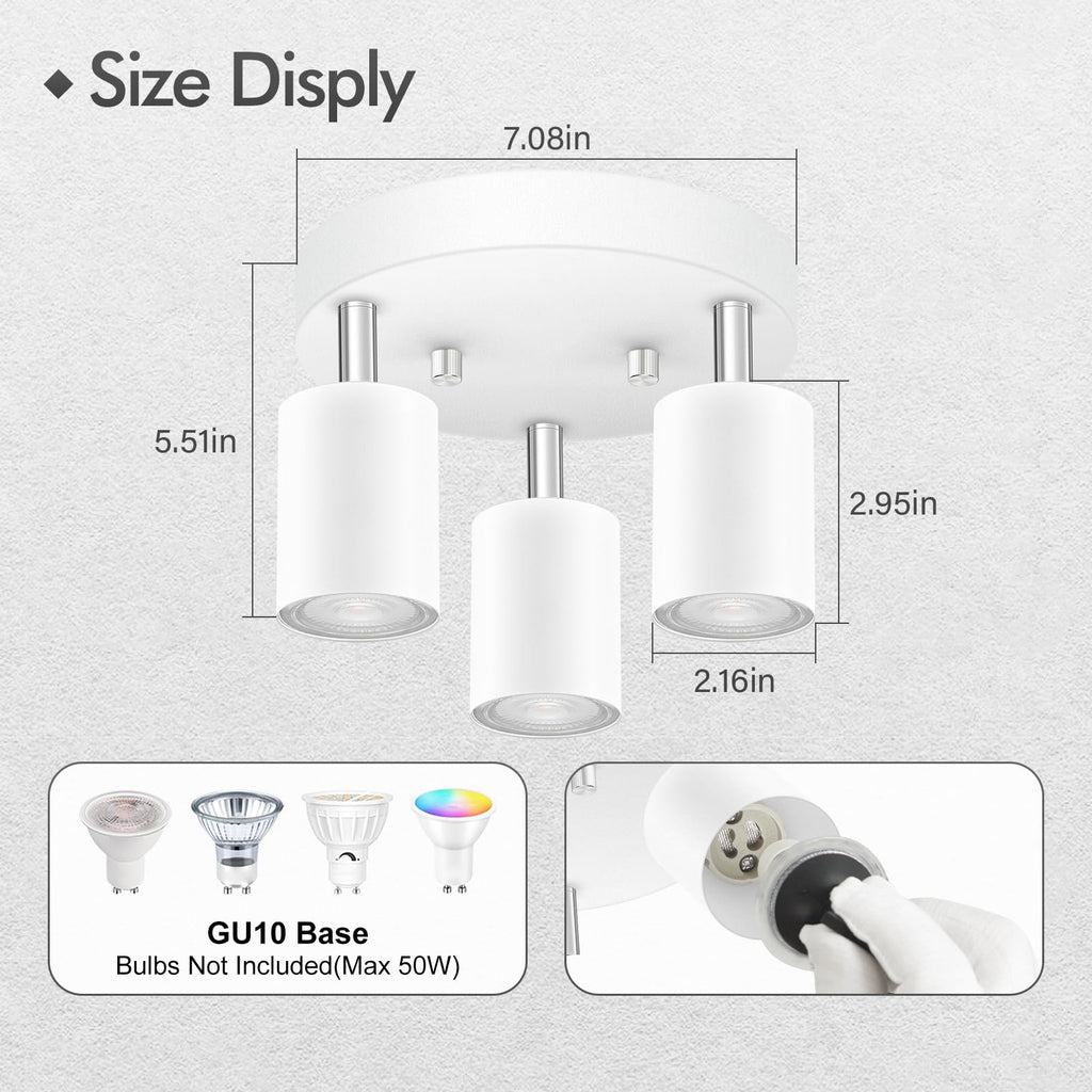 3 Light Track Lighting Fixtures Ceiling, Matte White Round Directional Ceiling Spotlight, GU10 Flush Mount Track