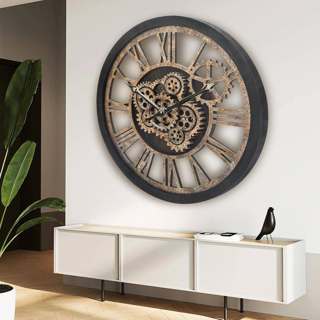 Wall Clock for Living Room Decor, Large, 24 in (60cm), Moving Gear, Farmhouse Vintage Industrial Oversized Wall Clock