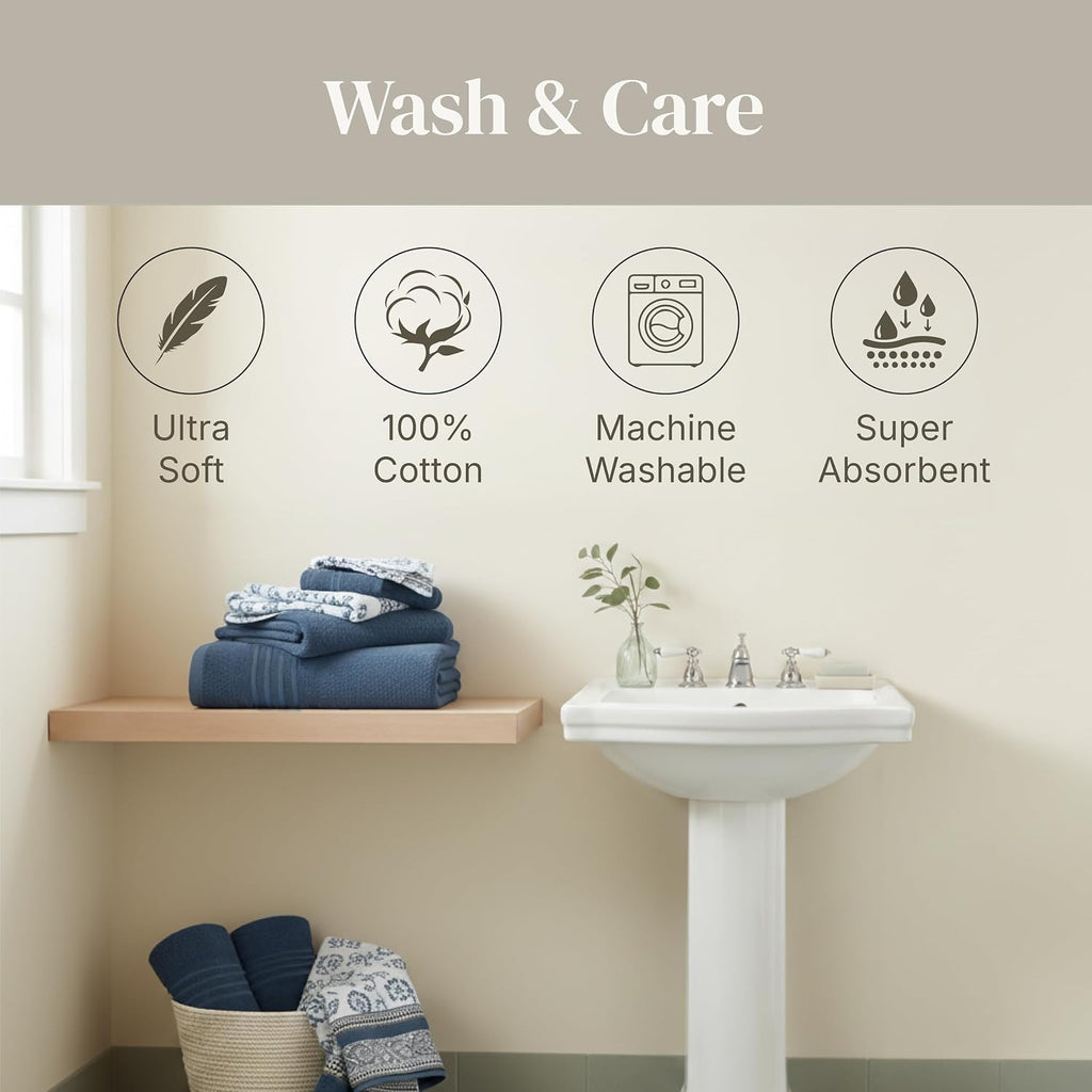 6 Piece Bath Towel Set - Bathroom Set with 2 Bath Towels, 2 Hand Towels, and 2 Wash Cloths - 100% Cotton, Super