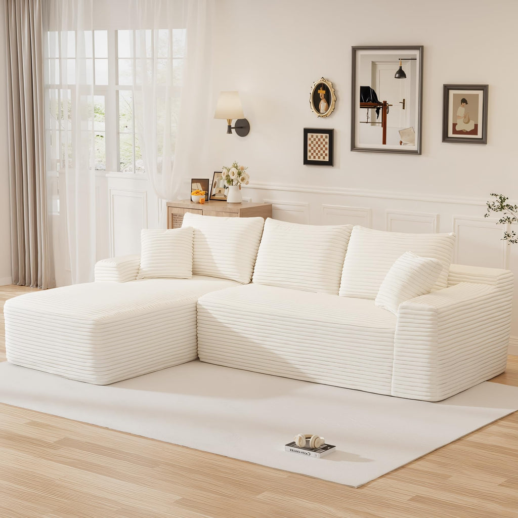 108" L Shaped Cloud Boneless Sectional Couches, Modern Comfy Modular Deep Seat Memory Foam Compressed Corduroy Sofa