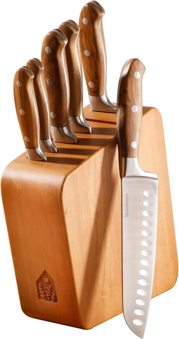 Kitchen Knife Block Set - 7 Piece Italian Olive Wood German Forged Stainless Steel Knives - Two Time Oprah's Favorite