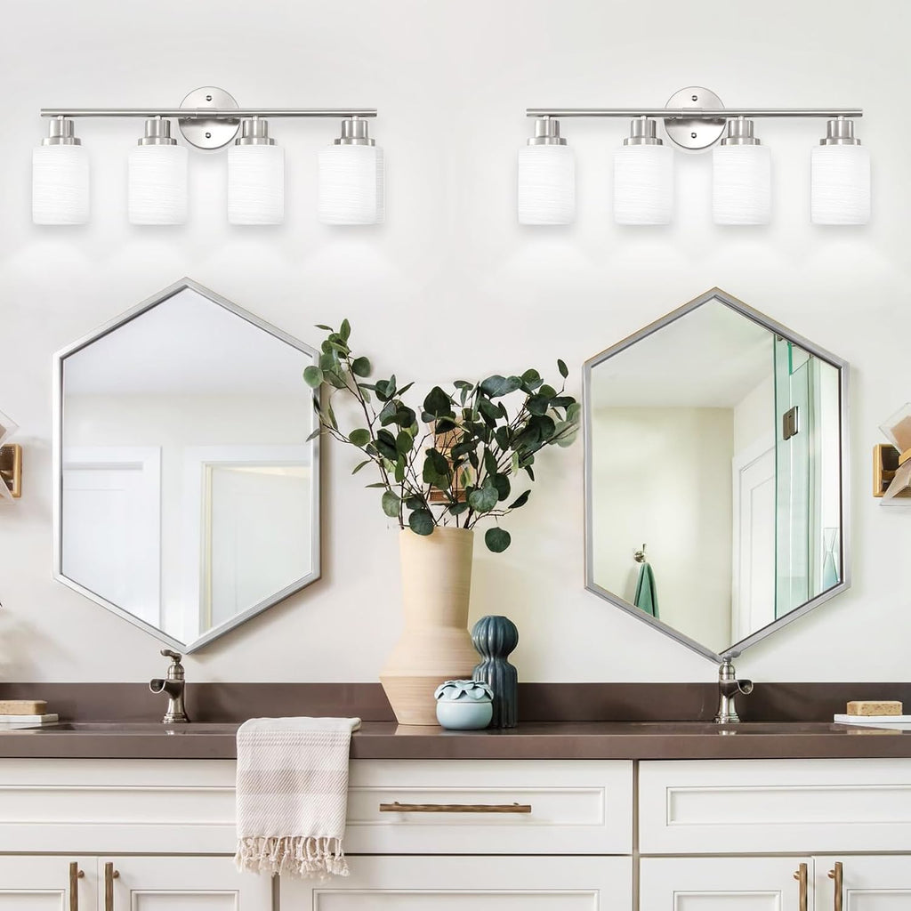 4-Light Brushed Nickel Vanity Lights for Mirror, Bathroom Light Fixtures with Textured Milky White Glass Shade