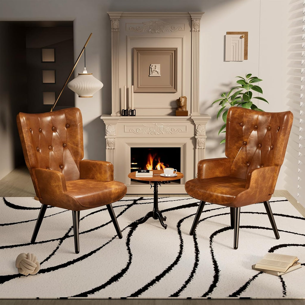 Accent Chairs Set of 2 Upholstered PU Leather Living Room Chairs | High Back Mid Century Modern Accent Armchair