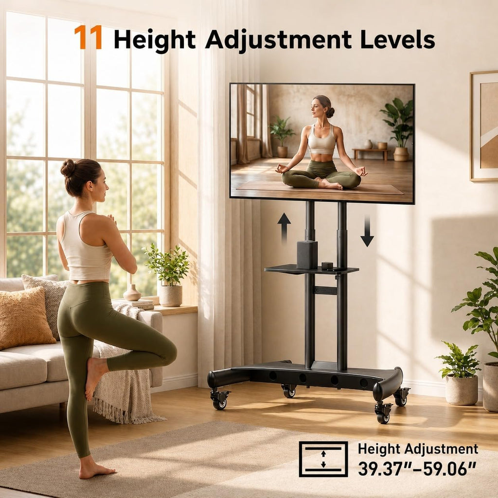 Rolling TV Stand for 32-84 Inch TV, Mobile TV Cart up to 100lbs, Adjustable Height Outdoor TV Cart with Heavy-Duty